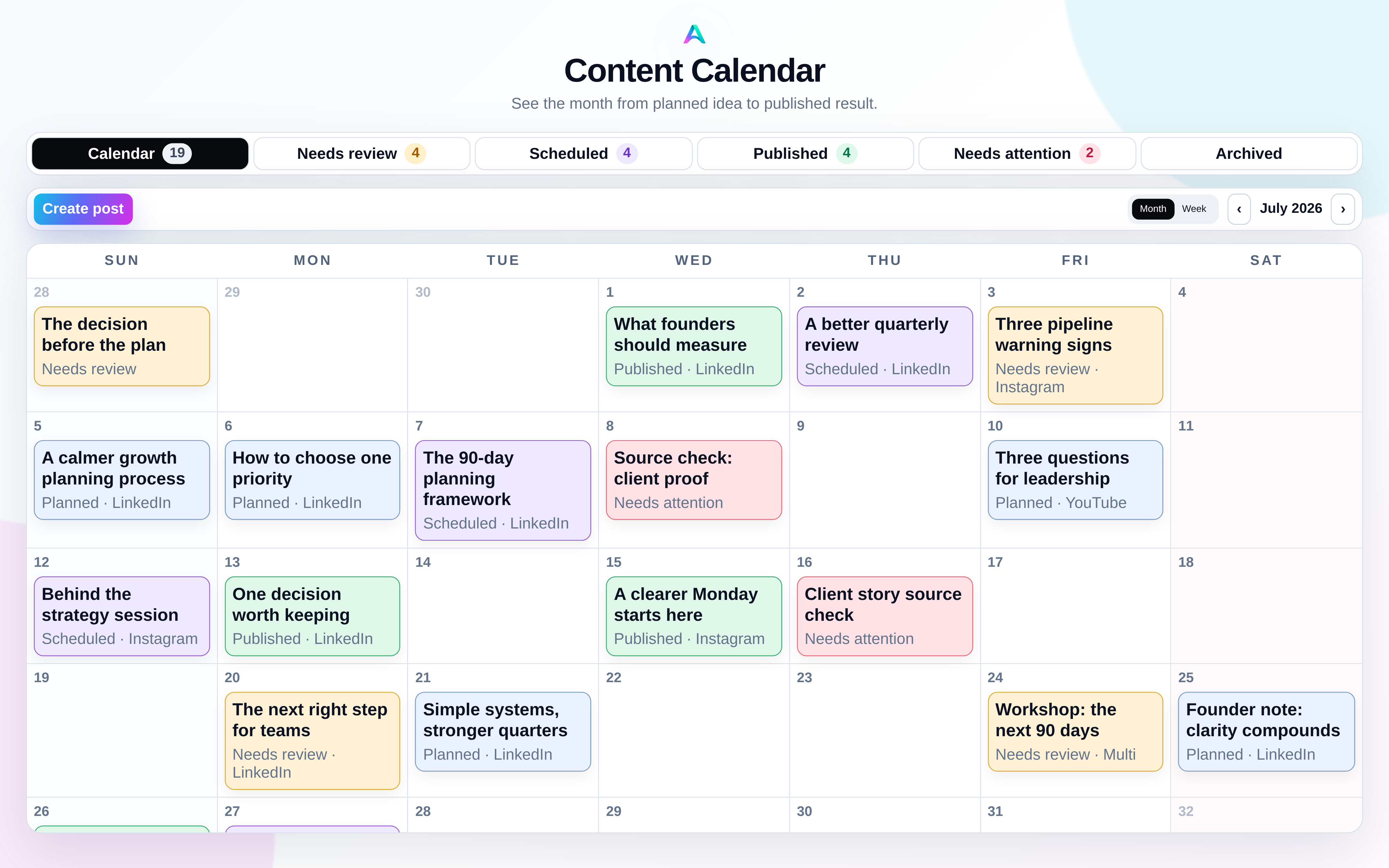 Aion Content Calendar showing planned, needs review, scheduled, published, and needs attention content states