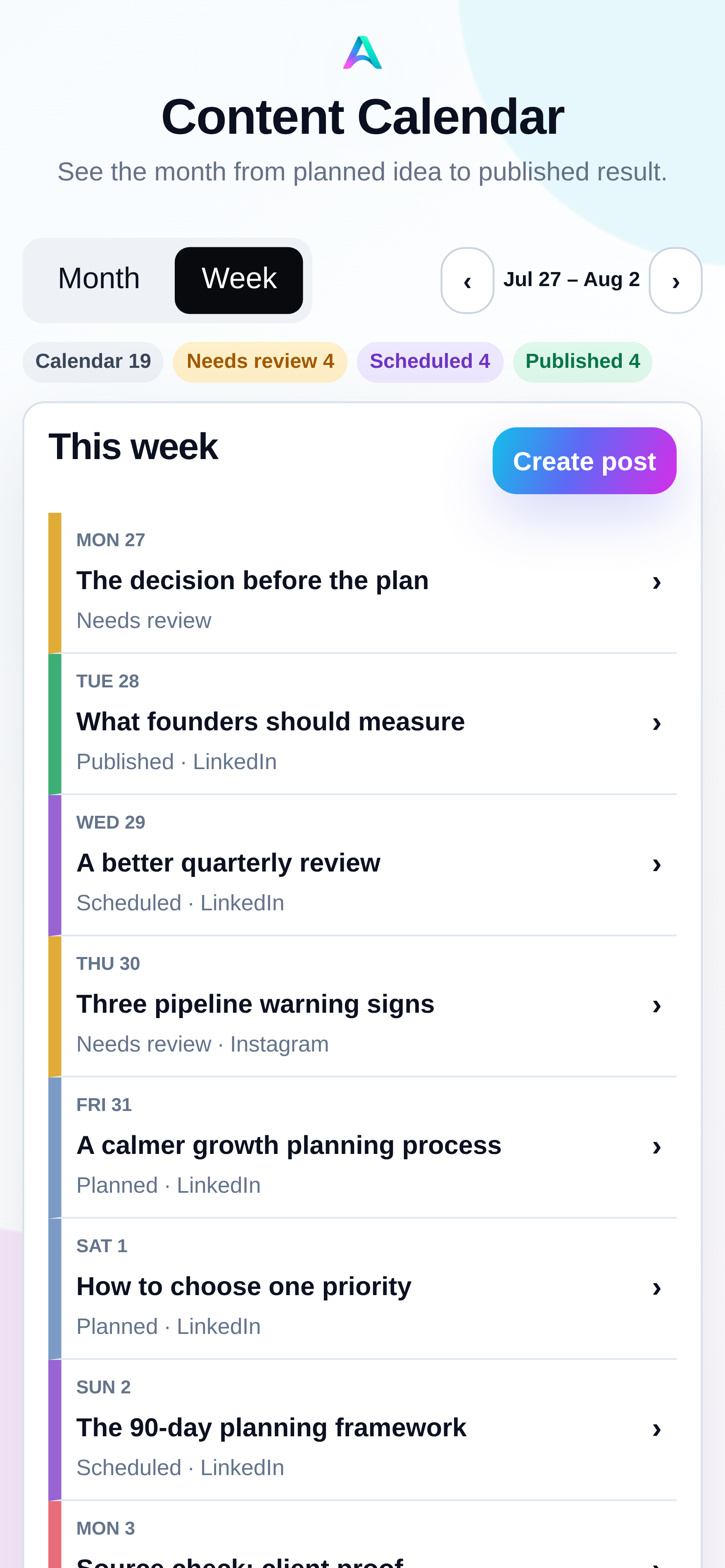 Aion Content Calendar showing planned, needs review, scheduled, published, and needs attention content states