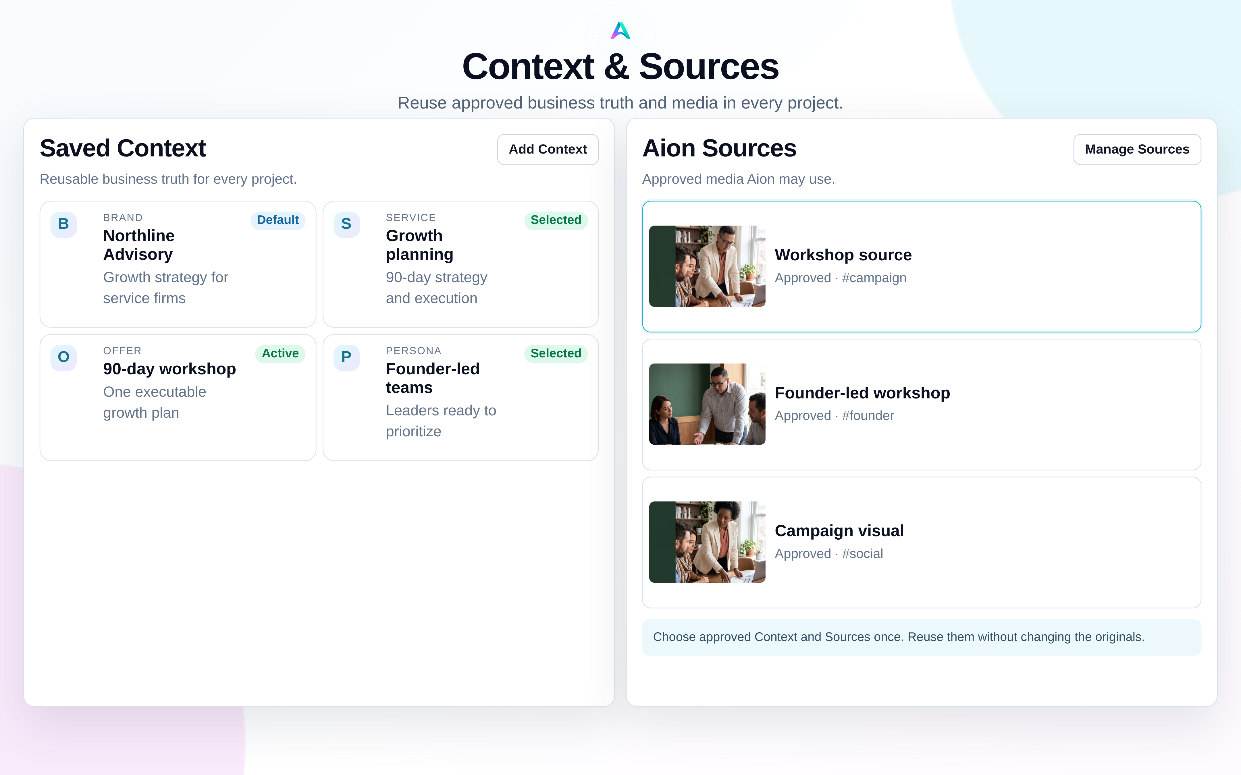Aion Context and Sources showing saved Northline Advisory business Context and approved campaign media