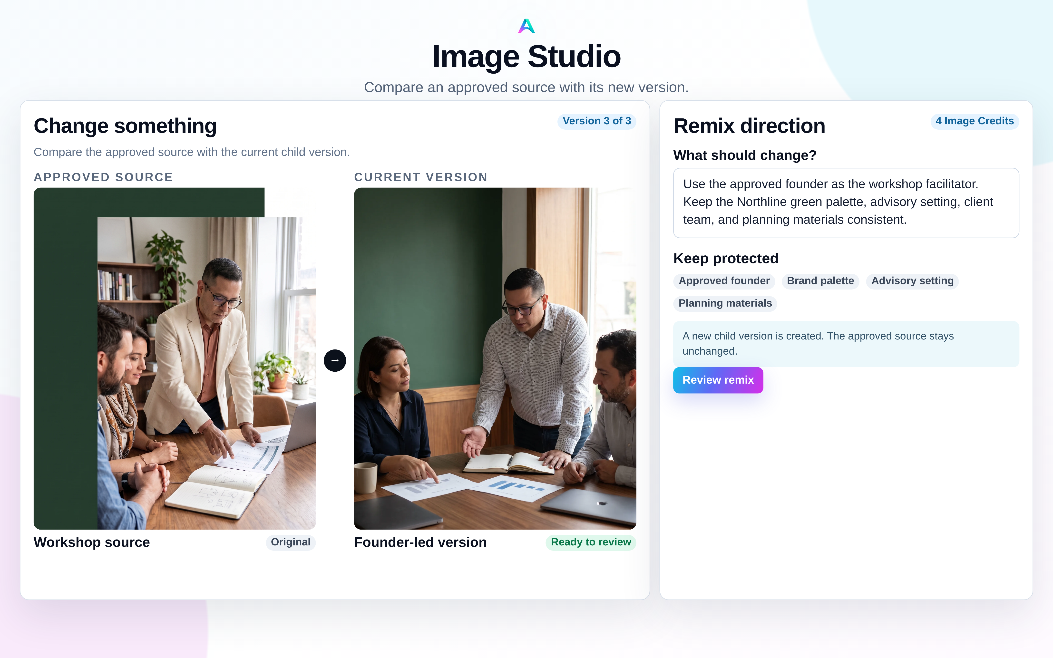 Aion Image Studio comparing an approved Northline Advisory source with a founder-led child version and protected brand details