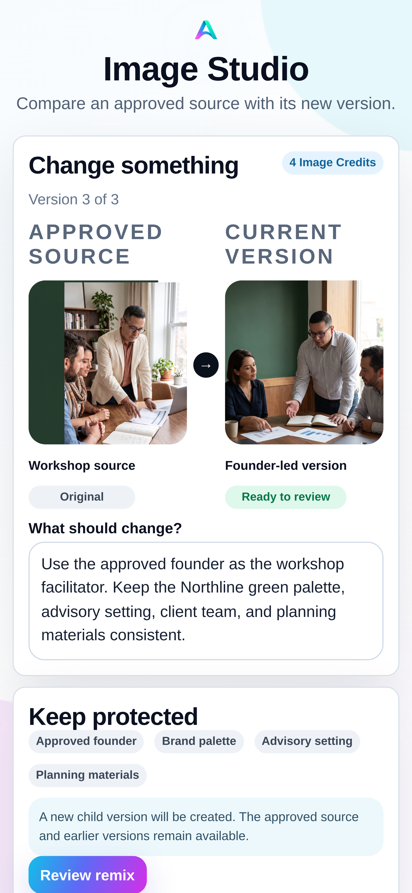 Aion Image Studio comparing an approved Northline Advisory source with a founder-led child version and protected brand details