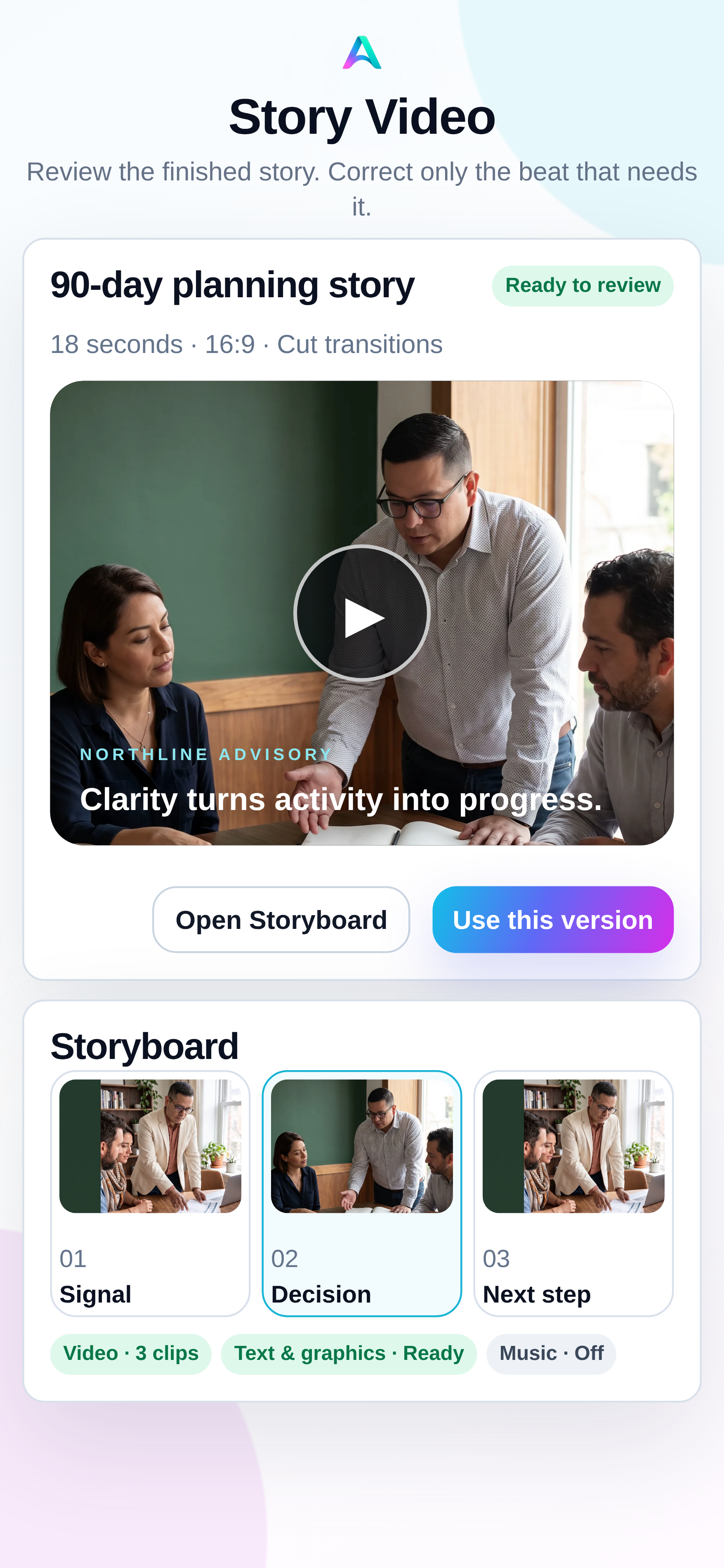 Aion Story Video product preview showing a finished founder-led advisory story and its optional three-beat Storyboard