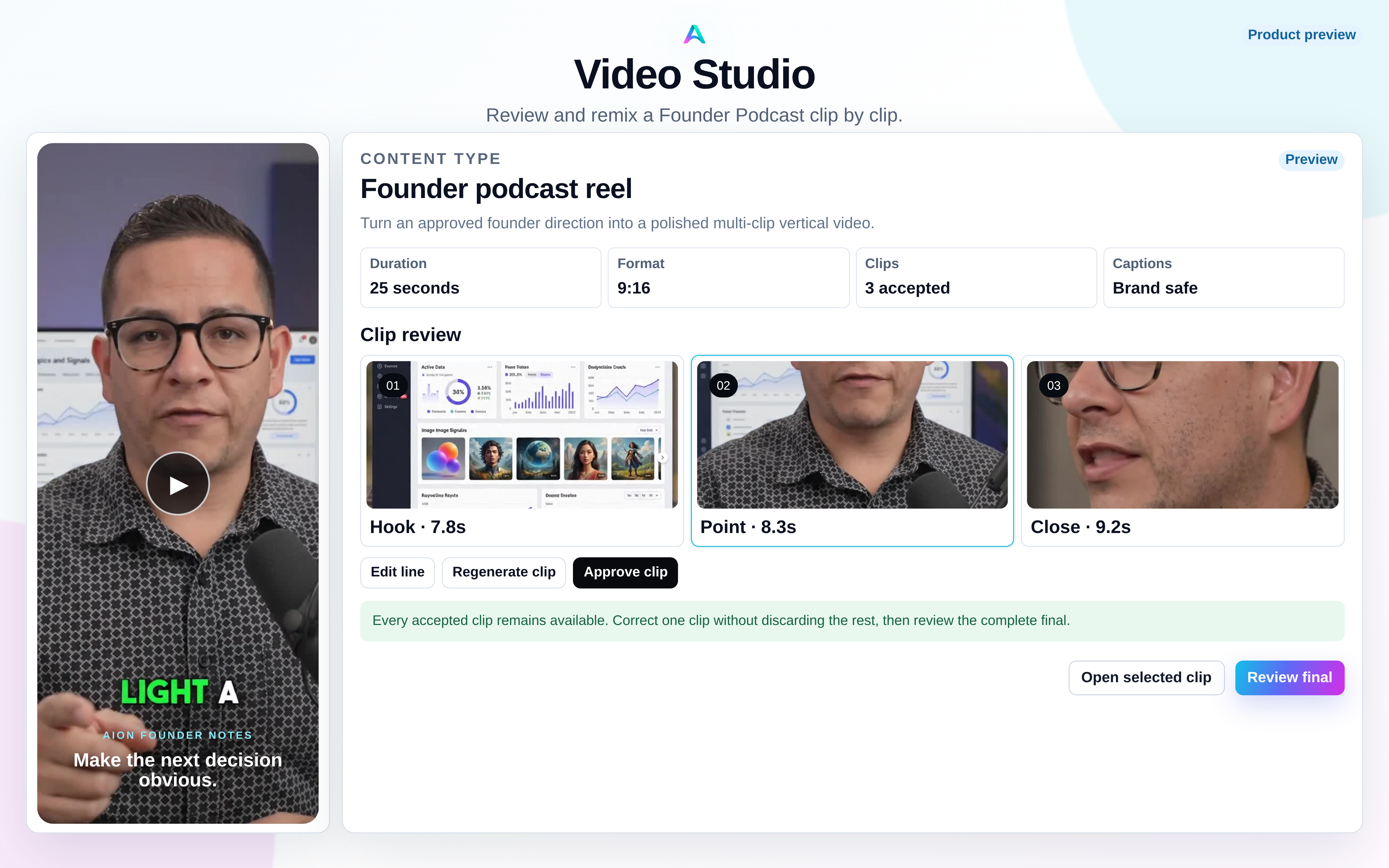 Aion Video Studio product preview showing a founder podcast reel, three accepted clips, and clip-level review actions